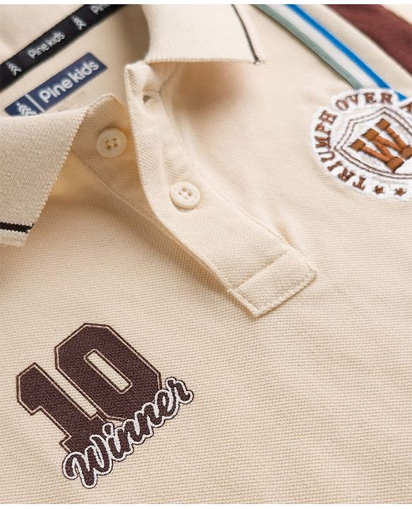 Pine Kids Cotton Knit Half Sleeves Polo T-Shirt With 10 Winner Print & Patch - Beige