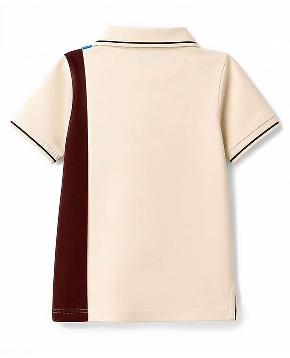 Pine Kids Cotton Knit Half Sleeves Polo T-Shirt With 10 Winner Print & Patch - Beige