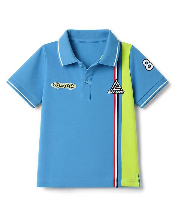 Pine Kids Cotton knit  Polo T-Shirt with Half Sleeves and Skateboard Patch  - Blue