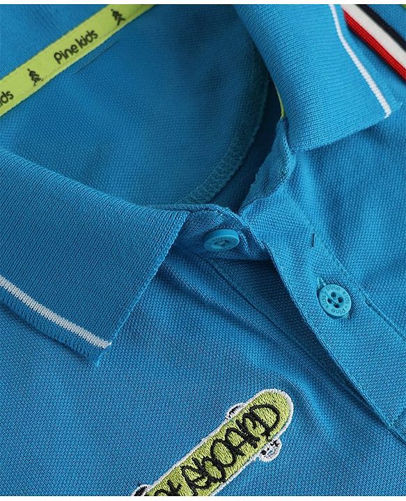 Pine Kids Cotton knit  Polo T-Shirt with Half Sleeves and Skateboard Patch  - Blue