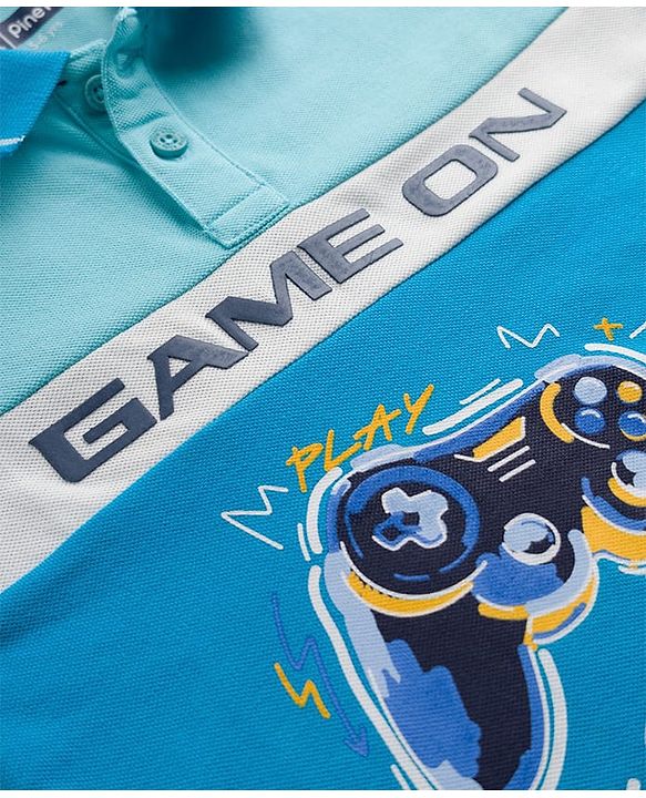 Pine Kids Cotton Knit Half Sleeves Polo T-Shirt With Game On Print - Light Blue