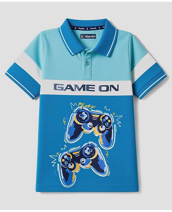 Pine Kids Cotton Knit Half Sleeves Polo T-Shirt With Game On Print - Light Blue