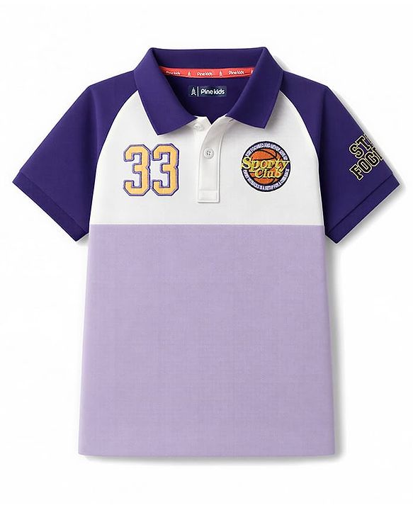Pine Kids Cotton Knit Half Sleeves Polo T-Shirt With 33 Embroidery &Patch - Lilac