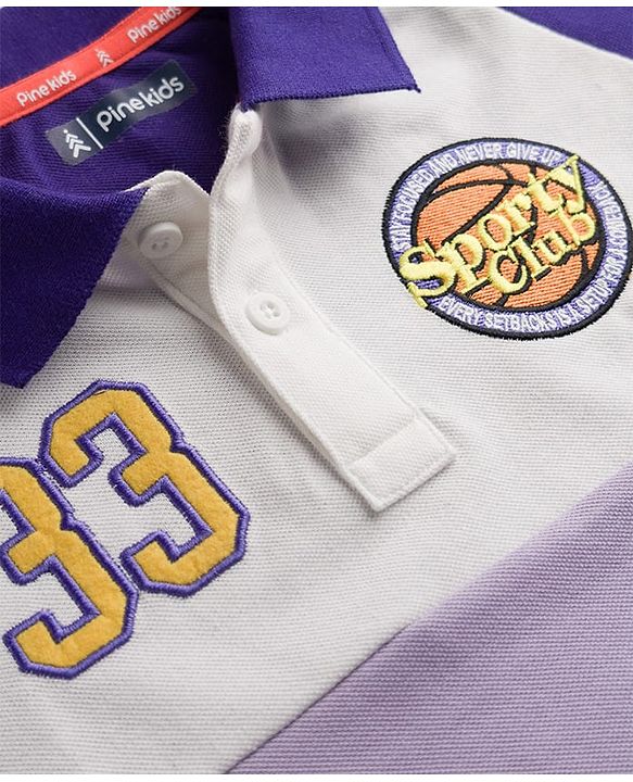 Pine Kids Cotton Knit Half Sleeves Polo T-Shirt With 33 Embroidery &Patch - Lilac