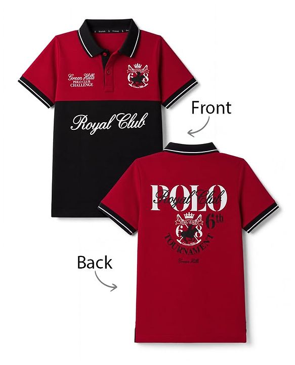 Pine Kids Cotton Knit Half Sleeves Polo T-Shirt with Polo Club Print - Maroon