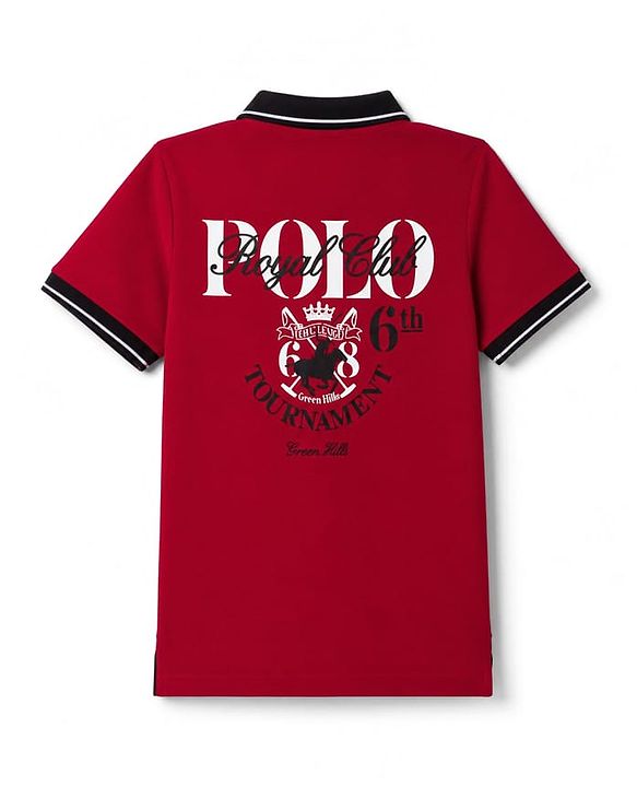 Pine Kids Cotton Knit Half Sleeves Polo T-Shirt with Polo Club Print - Maroon