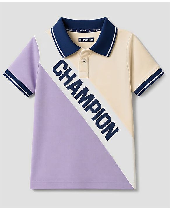 Pine Kids Cotton Knit Half Sleeves Polo T-Shirt With Champion Print - Lilac