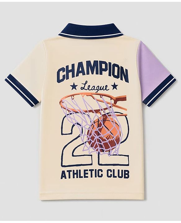 Pine Kids Cotton Knit Half Sleeves Polo T-Shirt With Champion Print - Lilac
