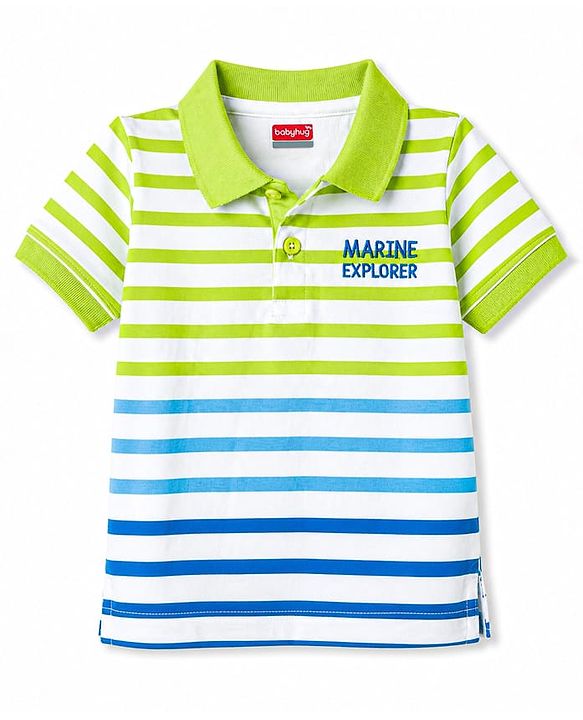 Babyhug 100% Cotton Knit Half Sleeves Striped Polo Neck T Shirt - Light Green