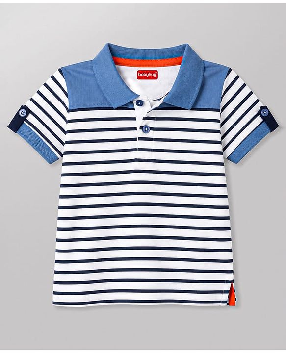 Babyhug 100% Cotton Knit T-Shirts with Half Sleeves and Striped Print in Blue 12-18 Months