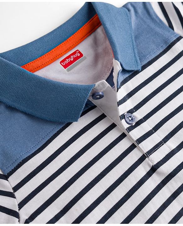 Babyhug 100% Cotton Knit T-Shirts with Half Sleeves and Striped Print in Blue 12-18 Months