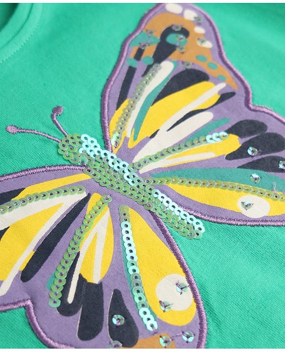 Babyhug 100% Cotton Knit Full Sleeves Sequins Embellished Top with Butterfly Print - Sea Green