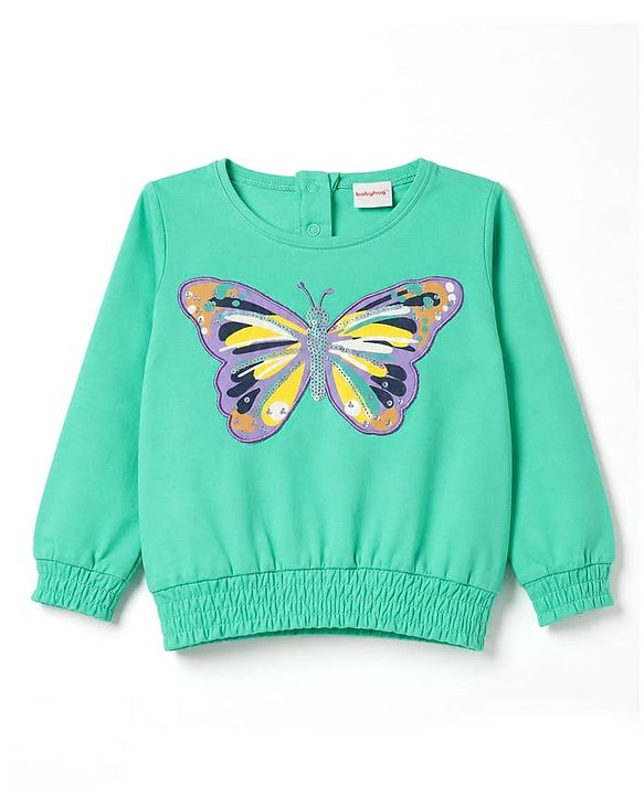 Babyhug 100% Cotton Knit Full Sleeves Sequins Embellished Top with Butterfly Print - Sea Green