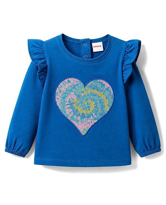 Babyhug 100% Cotton Knit Full Sleeves Top with Frills & Sequinned Heart Design -Blue