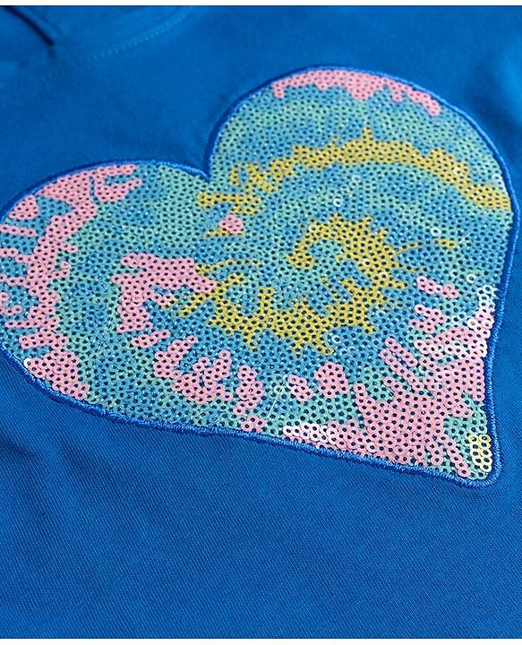 Babyhug 100% Cotton Knit Full Sleeves Top with Frills & Sequinned Heart Design -Blue