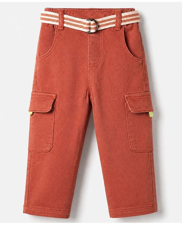 Babyhug Cotton Blend Denim Full Length Washed Jeans With Belt & Cargo Pockets - Rust Orange