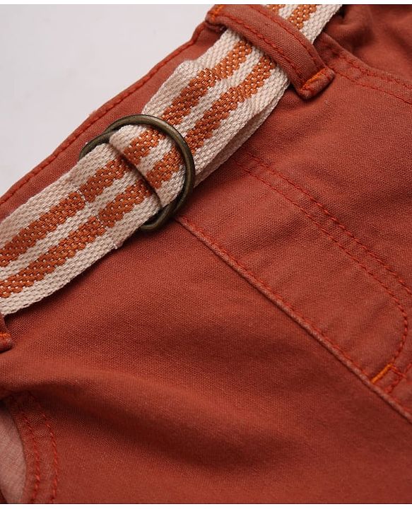 Babyhug Cotton Blend Denim Full Length Washed Jeans With Belt & Cargo Pockets - Rust Orange