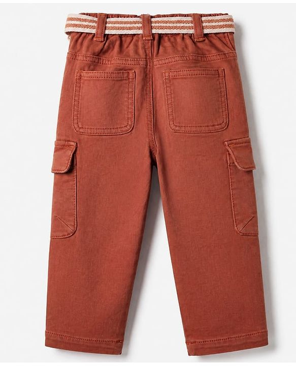 Babyhug Cotton Blend Denim Full Length Washed Jeans With Belt & Cargo Pockets - Rust Orange