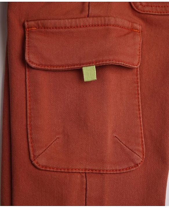 Babyhug Cotton Blend Denim Full Length Washed Jeans With Belt & Cargo Pockets - Rust Orange