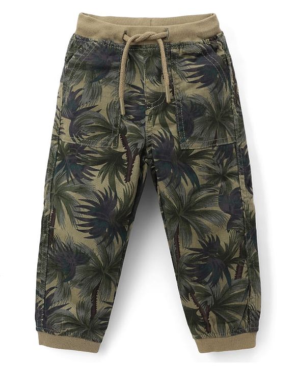 Babyhug Cotton Lycra Woven Full Length Trousers With Stretch & Tropical Print - Olive