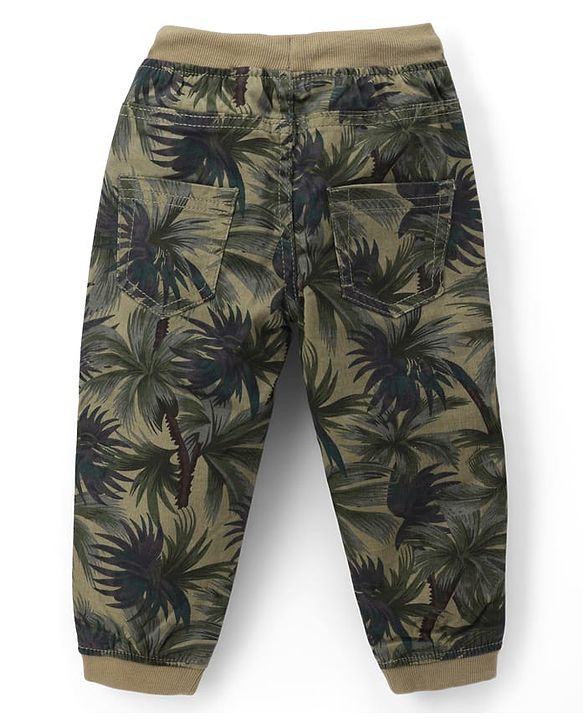 Babyhug Cotton Lycra Woven Full Length Trousers With Stretch & Tropical Print - Olive