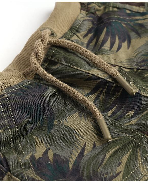 Babyhug Cotton Lycra Woven Full Length Trousers With Stretch & Tropical Print - Olive