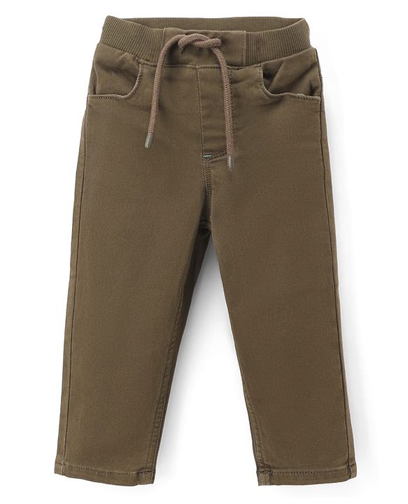 Babyhug Denim Full Length Solid Jeans With Stretch - Olive
