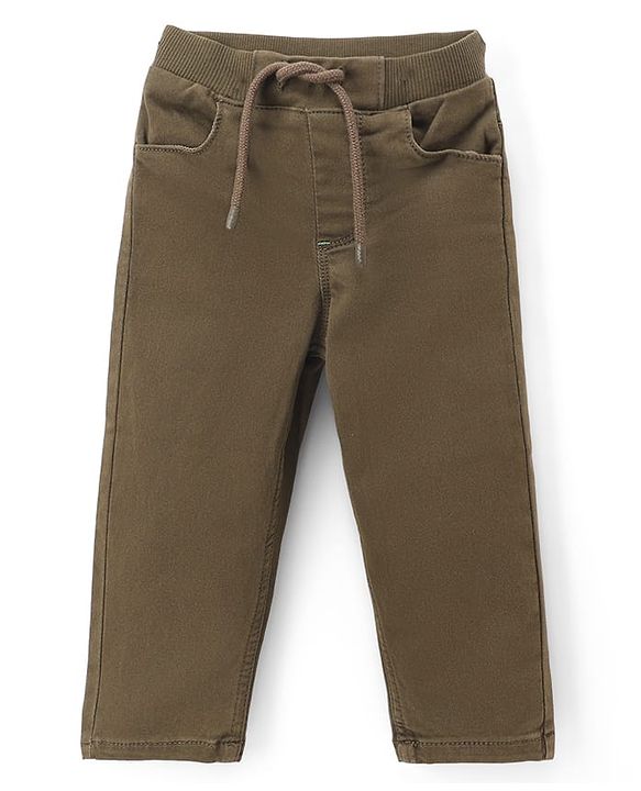 Babyhug Denim Full Length Solid Jeans With Stretch - Olive