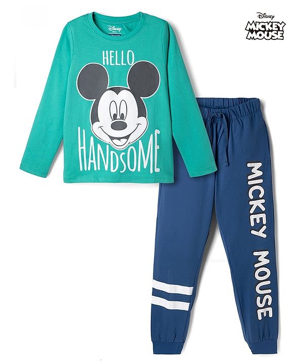 Pine Kids Disney Single Jersey Knit Full Sleeves T-Shirt & Pyjama Night Suit with Mickey Mouse Graphic - Mint