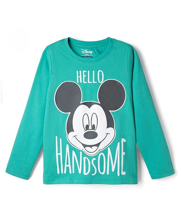 Pine Kids Disney Single Jersey Knit Full Sleeves T-Shirt & Pyjama Night Suit with Mickey Mouse Graphic - Mint