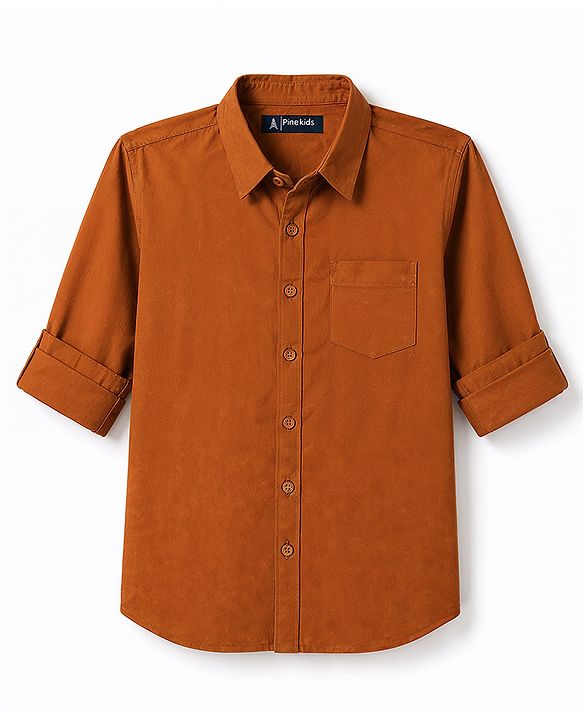 Pine Kids Cotton Woven Full Sleeves Solid Colour Shirt-Rust Orange
