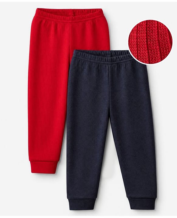 Babyhug Cotton Mix Knit Full Length Thermal Joggers Set Pack of 2 - Red & Navy Blue