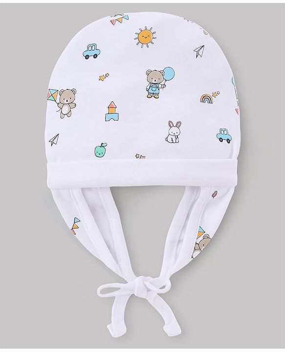 Babyhug 100% Cotton Interlock Knit Ear Flap Cap with Bear & rabbit Print White - Diameter 16 cm
