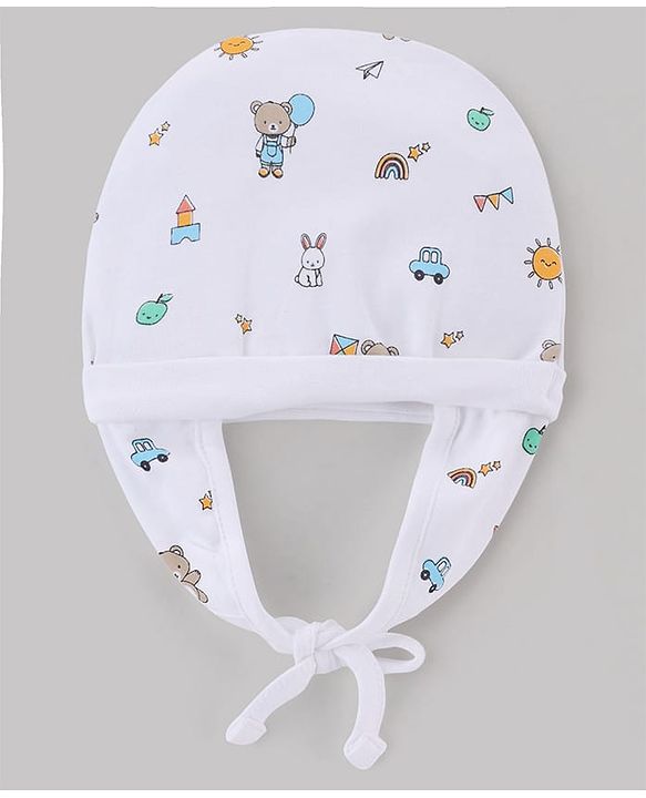 Babyhug 100% Cotton Interlock Knit Ear Flap Cap with Bear & rabbit Print White - Diameter 16 cm