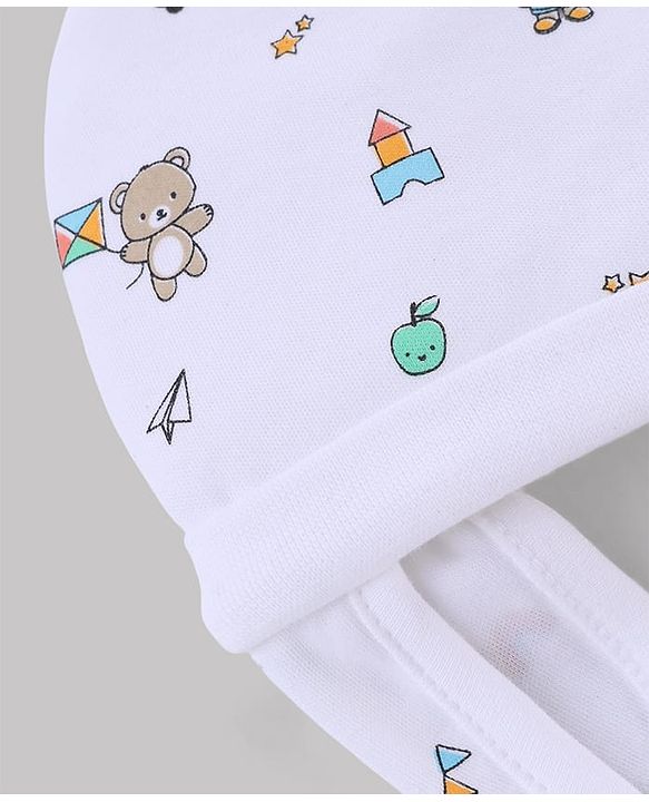 Babyhug 100% Cotton Interlock Knit Ear Flap Cap with Bear & rabbit Print White - Diameter 16 cm