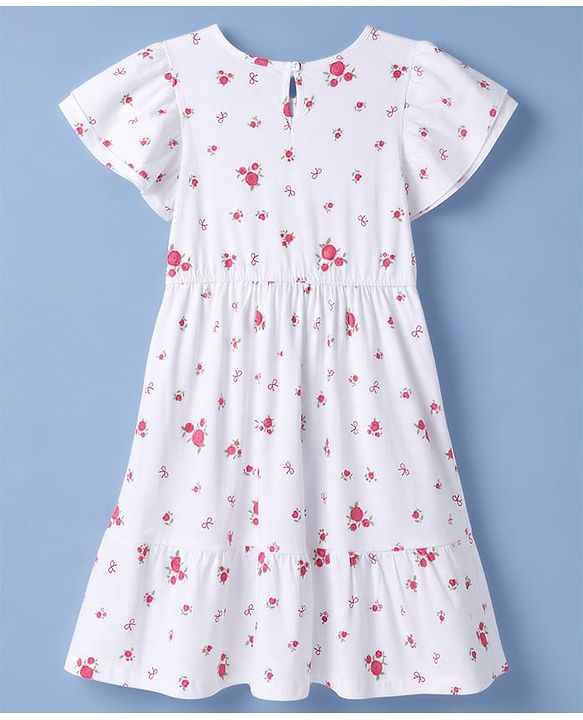 Pine Kids Cotton Knit Half Sleeves One Piece Dress With Floral Print - White