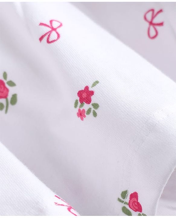 Pine Kids Cotton Knit Half Sleeves One Piece Dress With Floral Print - White