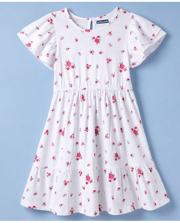 Pine Kids Cotton Knit Half Sleeves One Piece Dress With Floral Print - White