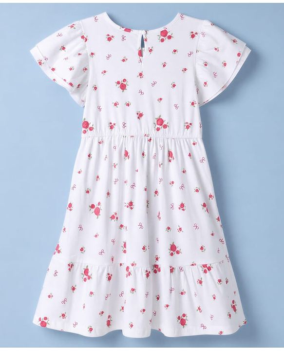 Pine Kids Cotton Knit Half Sleeves Frock with Floral Print - White