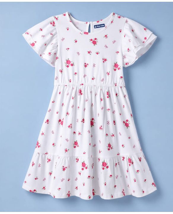 Pine Kids Cotton Knit Half Sleeves Frock with Floral Print - White