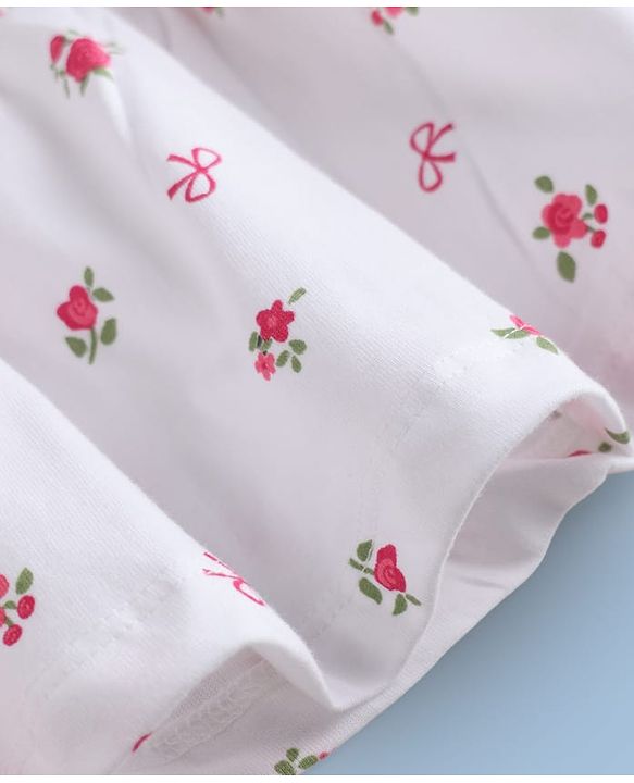Pine Kids Cotton Knit Half Sleeves Frock with Floral Print - White
