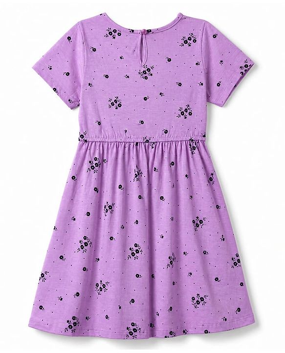 Pine Kids Cotton Knit Half Sleeves One Piece Dress with Floral Print - Purple