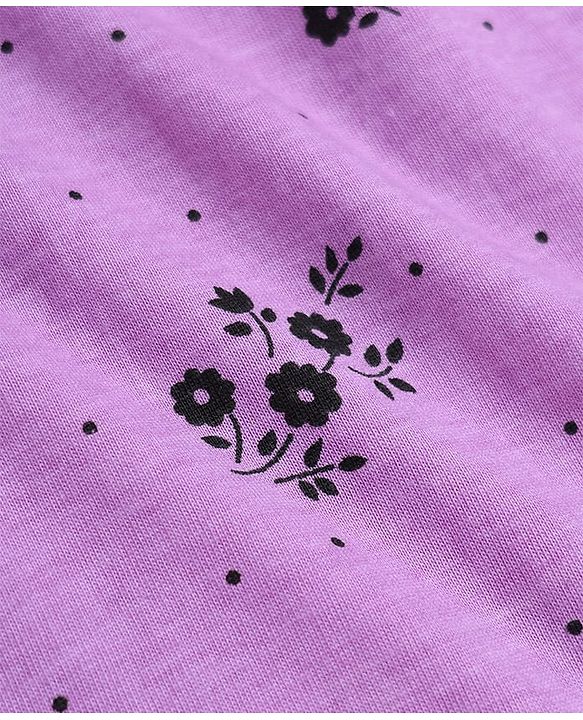 Pine Kids Cotton Knit Half Sleeves One Piece Dress with Floral Print - Purple