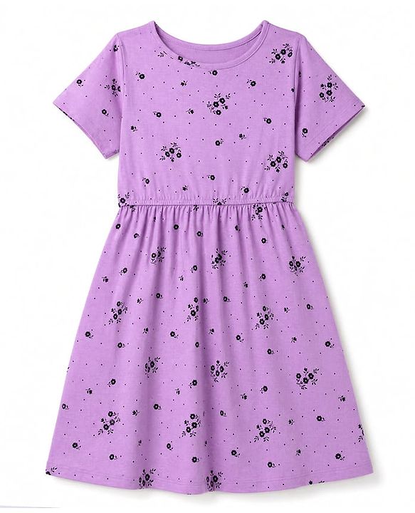 Pine Kids Cotton Knit Half Sleeves One Piece Dress with Floral Print - Purple