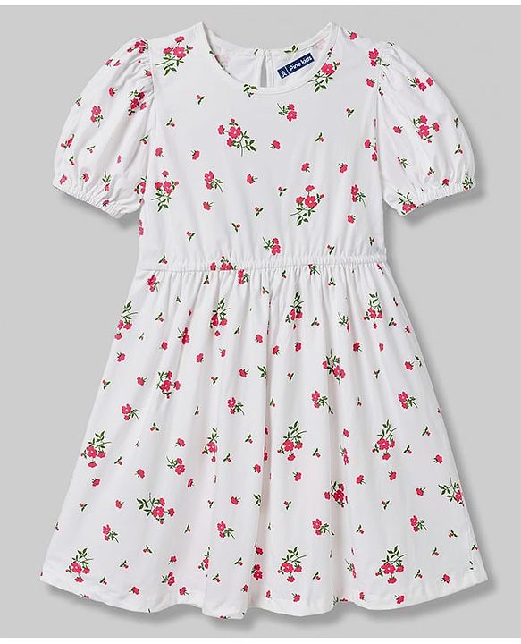 Pine Kids 100% Cotton Knit Half Sleeves Floral Printed Frock - White