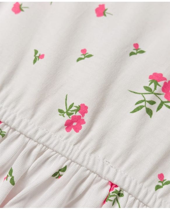 Pine Kids 100% Cotton Knit Half Sleeves Floral Printed Frock - White