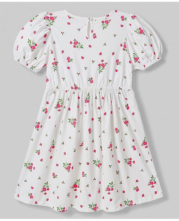 Pine Kids 100% Cotton Knit Half Sleeves Floral Printed Frock - White