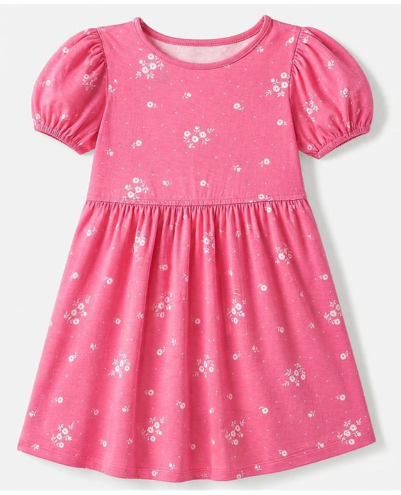 Pine Kids Cotton Knit Dress with Half Sleeves and Floral Print - Pink