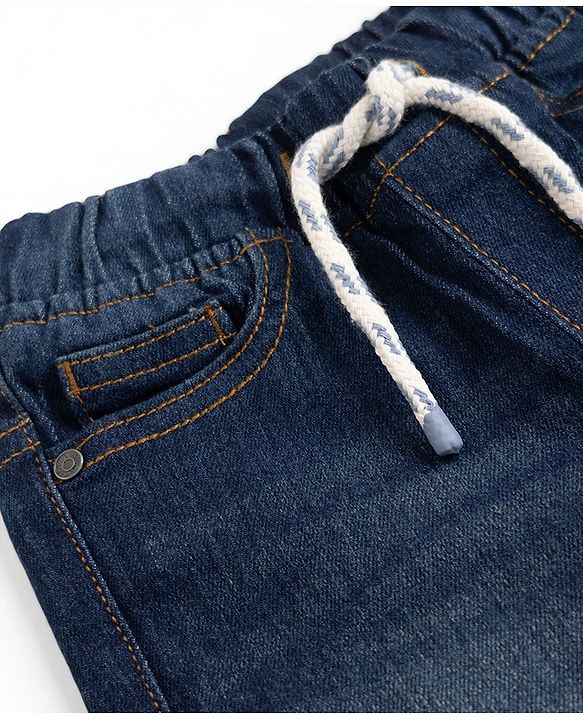 Babyhug Full Length Washed Denim Joggers With Stretch - Navy Blue