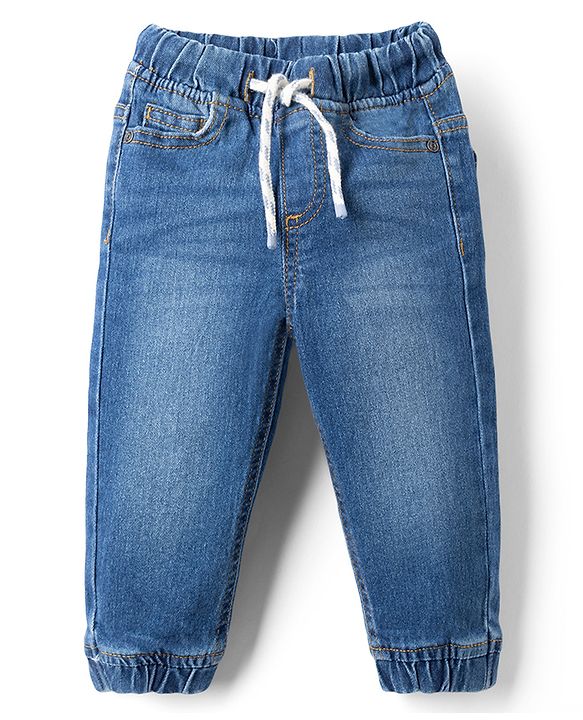 Babyhug Full Length Washed Denim Joggers With Stretch - Navy Blue